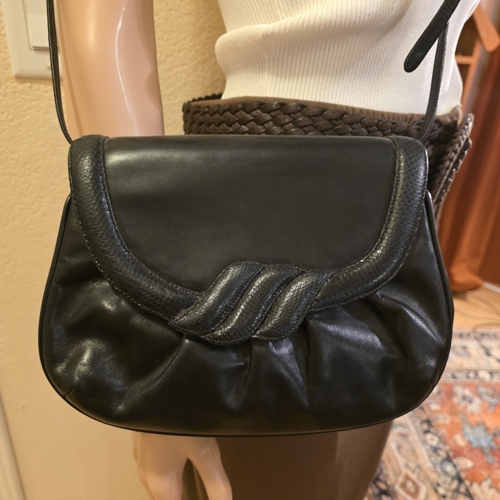 Vintage Bally Black Leather Shoulder Bag, Snakeskin Trim EUC